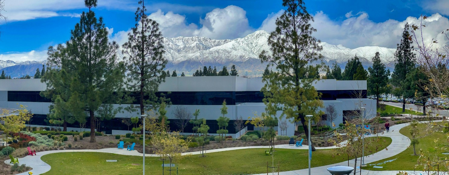 The San Gabriel Mountains offer a picturesque backdrop to IEHP's sprawling, 51-acre campus in Rancho Cucamonga, Calif.